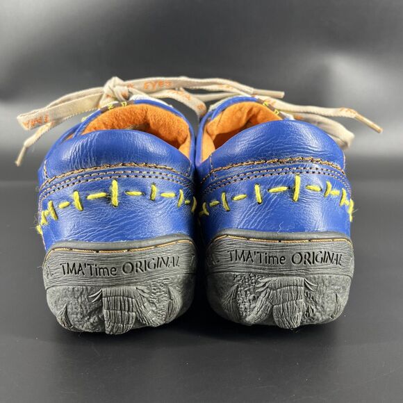 TMA Eyes Time Blue Leather Lace Up Sneakers Women’s 7 Yellow Stitching Shoes - Picture 8 of 16